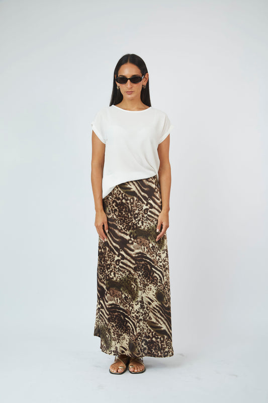 Falda Satín Animal Print Marrón